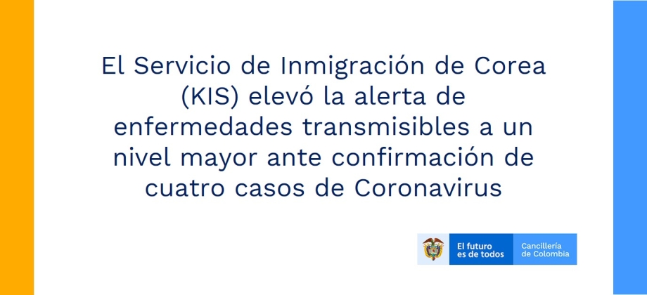 Servicio de Inmigración de Corea (KIS) elevó la alerta de enfermedades transmisibles a un nivel mayor ante confirmación de cuatro casos de Coronavirus